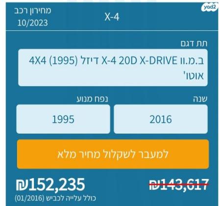 ב.מ.וו X4 4X4 XDRIVE20D Sport אוט' דיזל 2.0 (190 כ''ס) דיזל 2016 למכירה בבית שמש