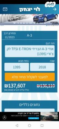 אאודי A3 Sportback E-Tron Luxury הייבריד אוט' 1.4 (204 כ"ס) היברידי חשמל / בנזין 2018 למכירה בתל אביב יפו