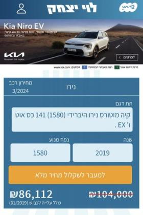 קיה נירו הייבריד PHEV EX אוט' 1.6 (105 כ''ס) היברידי חשמל / בנזין 2019 למכירה בתל אביב יפו